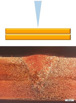 Close-up of two copper sheets welded together with an overlap weld by Laserline diode lasers