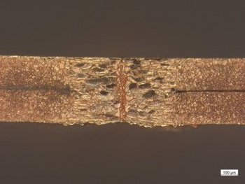 A close-up of a copper sheet with butt welding by Laserline diode lasers